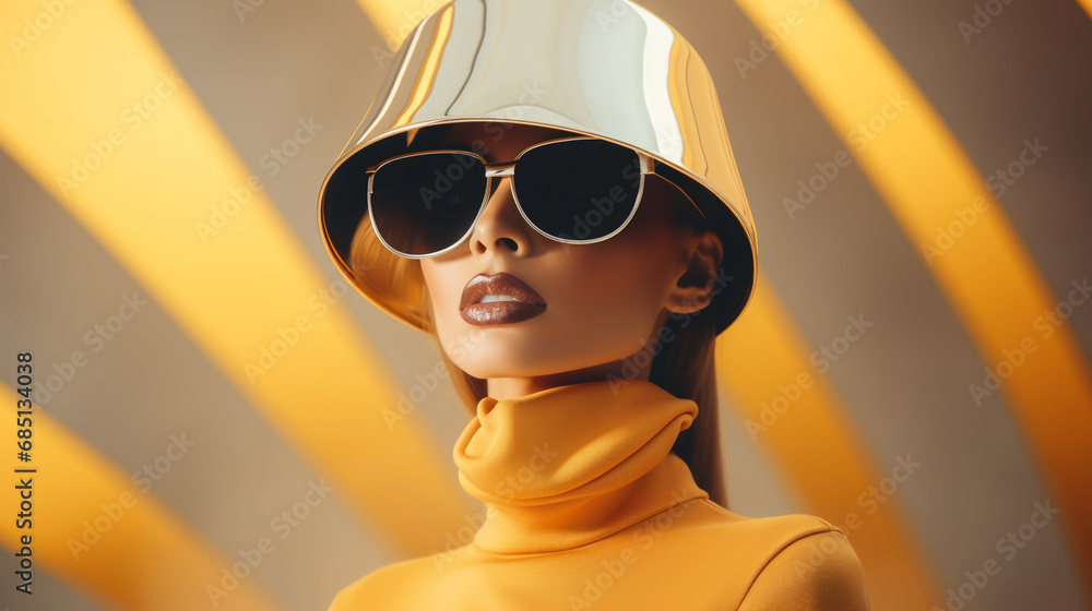 Portrait de femme fun futuriste aux lunettes de soleil et chapeau doré - obrazy, fototapety, plakaty 