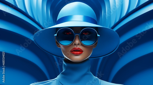 Portrait de femme fun futuriste aux lunettes de soleil et chapeau bleu