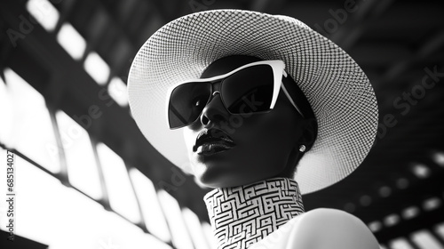Portrait de femme fun futuriste aux lunettes de soleil et chapeau retro © HKTR-atelier