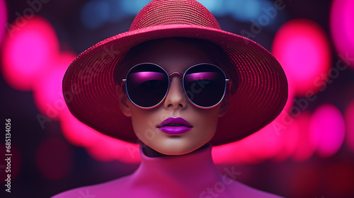 Portrait de femme en rose aux lunettes de soleil et chapeau © HKTR-atelier
