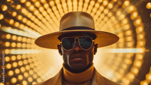 Portrait d’une homme à la mode avec chapeau doré et lunettes de soleil