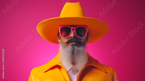 Homme barbu stylé cow boy avec chapeau jaune et lunettes roses