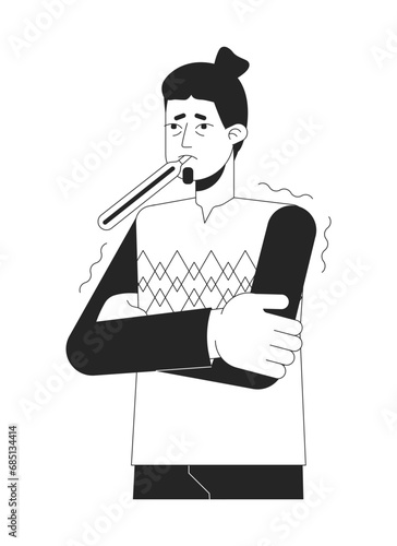 Flu feverish caucasian man with thermometer black and white 2D line cartoon character. Chills guy feeling sick isolated vector outline person. Coronavirus symptom monochromatic flat spot illustration
