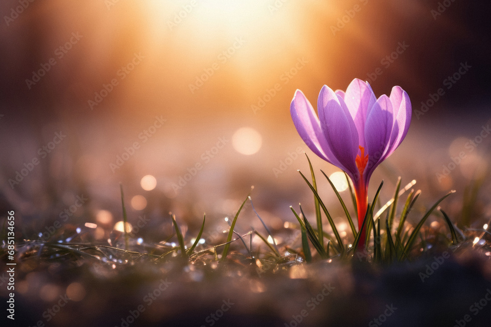 Beautiful crocus flower in the meadow at sunset. Early spring. - obrazy, fototapety, plakaty 