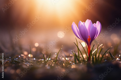 Beautiful crocus flower in the meadow at sunset. Early spring. #685134656