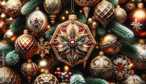  focusing on macro shots of Christmas decorations, capturing the intricate details and vibrant colors of various festive adornments.