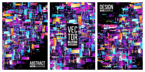 Colorful complex and intricate technical poster set with chaotic layered rectangles. Glitch art modern grunge poster. Beautiful in chaos. Abstract silicon semiconductor wafer. Vector background