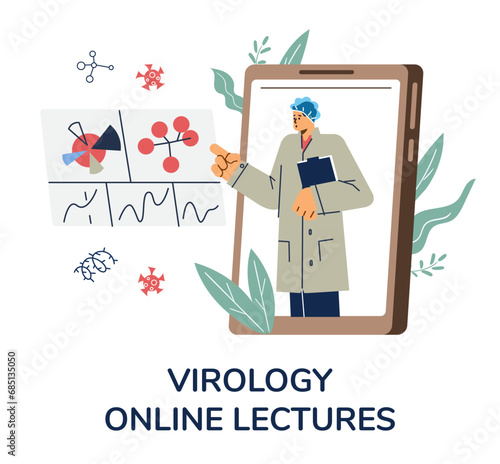Huge mobile phone with man virologist explanatory diagrams flat style