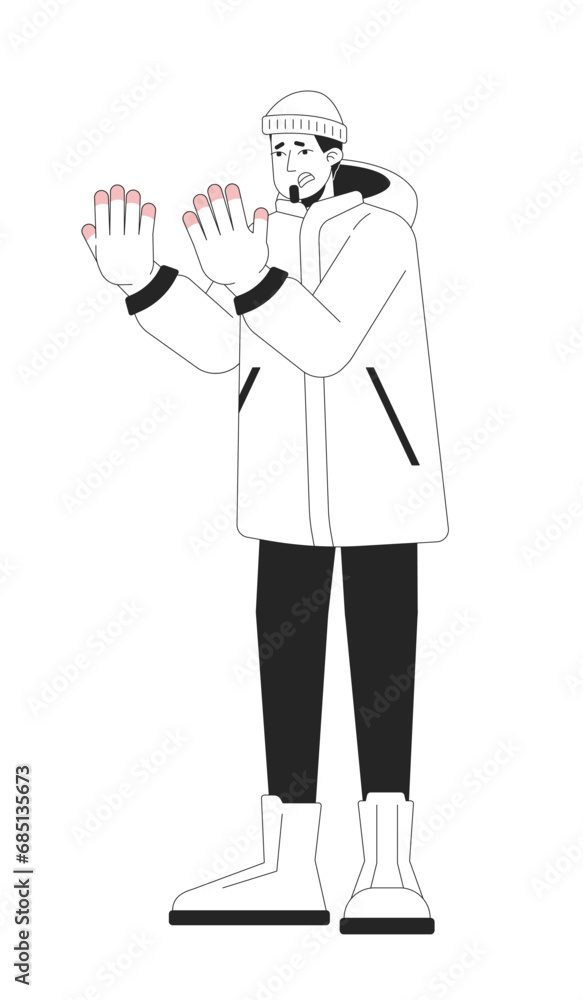 Winter outerwear man frostbite fingers black and white cartoon flat illustration. Caucasian guy suffering from frostnip 2D lineart character isolated. Injury cold monochrome scene vector outline image Winter outerwear man frostbite fingers black and white cartoon flat illustration. Caucasian guy suffering from frostnip 2D lineart character isolated. Injury cold monochrome scene vector outline image
