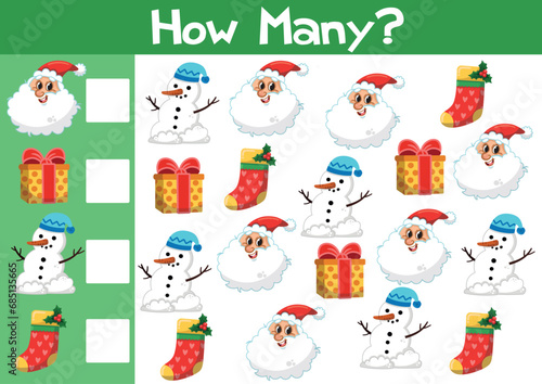 Counting Christmas Game illustration for Preschool children. Vector Illustration.
