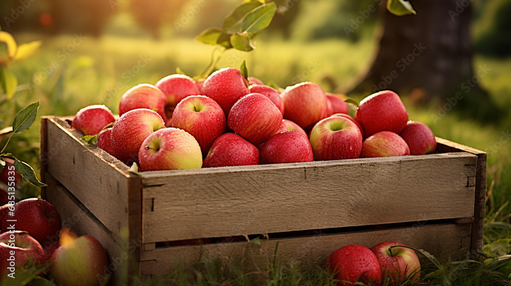 Organic apples in a wooden box on the field.Generative AI Organic apples in a wooden box on the field.Generative AI