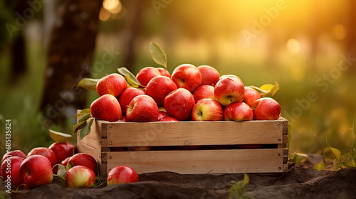 Organic apples in a wooden box on the field.Generative AI