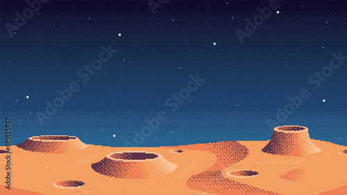 Pixel art game location. Cosmic area, planet surface riddled with craters. Seamless vector background. photo