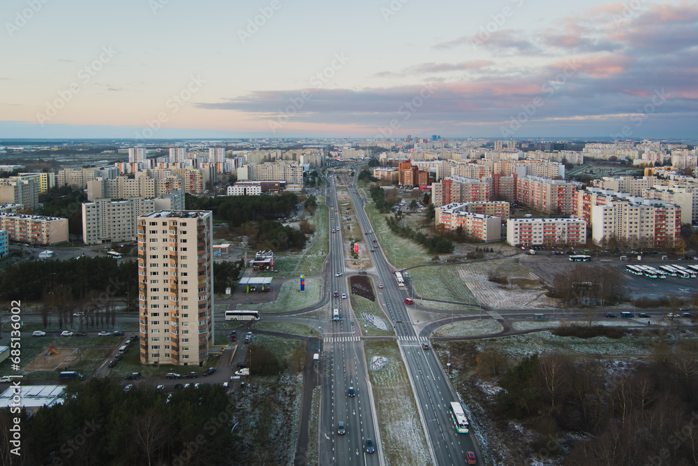 Estonia, Tallinn. Lasnamäe area early in the morning, view from a drone.