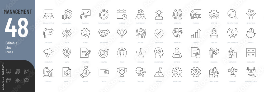 Management Line Editable Icons set. Vector illustration in modern thin line style of business icons: functions, principles, goals, and more. Pictograms and infographics for mobile apps - obrazy, fototapety, plakaty 