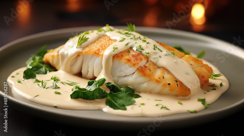 Closeup of cooked white fish filet with white creamy cheese sauce drizzled on top on plate, commercial photo for restaurant menu.