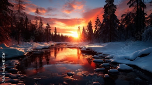 Sunset in winter forest. Landscape view of sunset in winter.