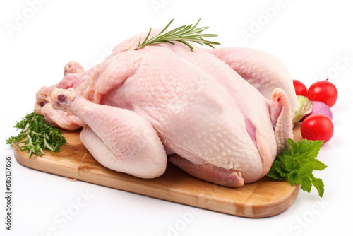 Raw whole chicken carcass on white background