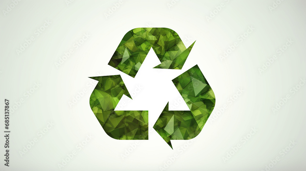 Recycling logo or symbol integrated into nature with green leaves. Recycling concept.Generative AI Recycling logo or symbol integrated into nature with green leaves. Recycling concept.Generative AI