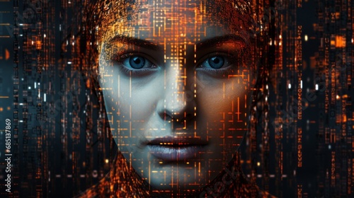 Woman looking at the camera and smart technology for face recognition, Biometric identification, digital binary data, futuristic cyber security, scanning and facial detection