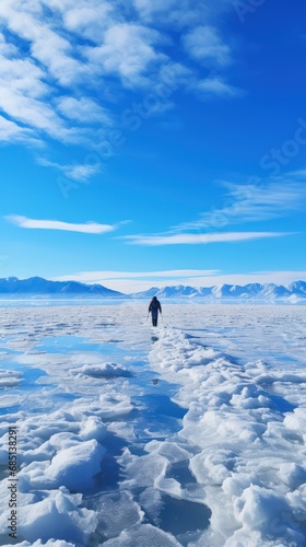 Man walking on the frozen lake. Man tourist walking on ice