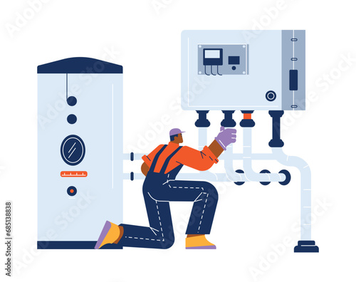 Boiler engineer for boiler equipment maintenance and repair, flat vector.