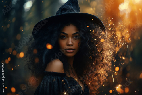 Stampa su tela Generative ai image of beautiful witch magician conjures on halloween night
