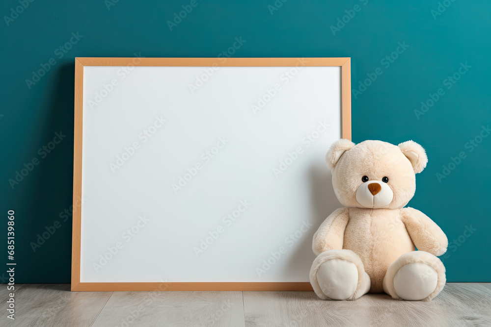 teddy bear sitting near empty wooden frame on green walls. mockup for nursery art teddy bear sitting near empty wooden frame on green walls. mockup for nursery art