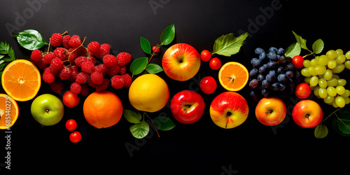 Various fruits Healthy food concept from top view Including fruits with high vitamins, fresh fruits such as oranges, apples, grapes, kiwis, bananas, etc., with space on a black background. © Rassamee