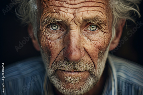 Close up generated ai picture of old elderly upset unhappy man with a wrinkled face living alone