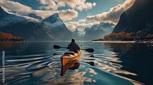 person is paddling a yellow kayak along the edge of a fjord in norway