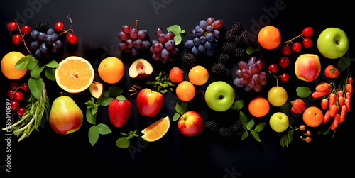 Various fruits Healthy food concept from top view Including fruits with high vitamins  fresh fruits such as oranges  apples  grapes  kiwis  bananas  etc.  with space on a black background.