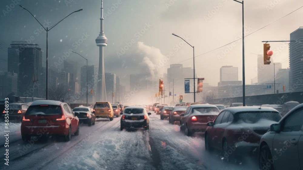 Naklejka premium Frozen Standstill: City commute nightmare as cars are trapped in a snowstorm-induced traffic jam on a cold winter day. Icy roads create a picturesque yet challenging scene