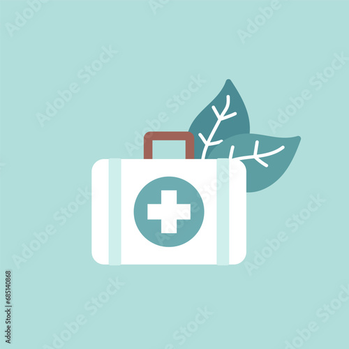 Vector illustration with flat emergency bag for first aid. White case with two green plant leaves. Symbol of herbal and natural medicine to be healthy. Logo for drugs to care, treatment about plants