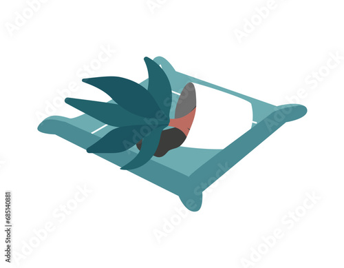 Vector isolated illustration with flat square repotting mat and plant in pot. Foldable plastic carpet help to prevent dirt and ground. Garden equipment to change pots, replant flowers and save clean