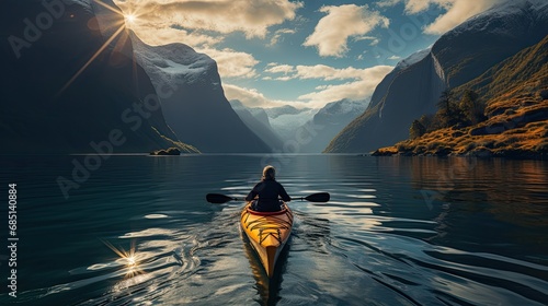 person is paddling a yellow kayak along the edge of a fjord in norway © Salander Studio