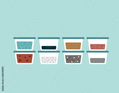 Vector isolated illustration with flat plastic boxes filled with natural clay substrate for indoor and garden plants. Soil, drugs, fertilizers and first aid to treatment and care about flowers