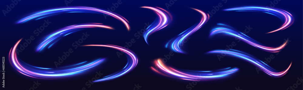 Naklejka premium High-speed light line in the form of a road and a highway in a night city. Neon stripes in the form of drill, turns and swirl. Speed of light concept background. 