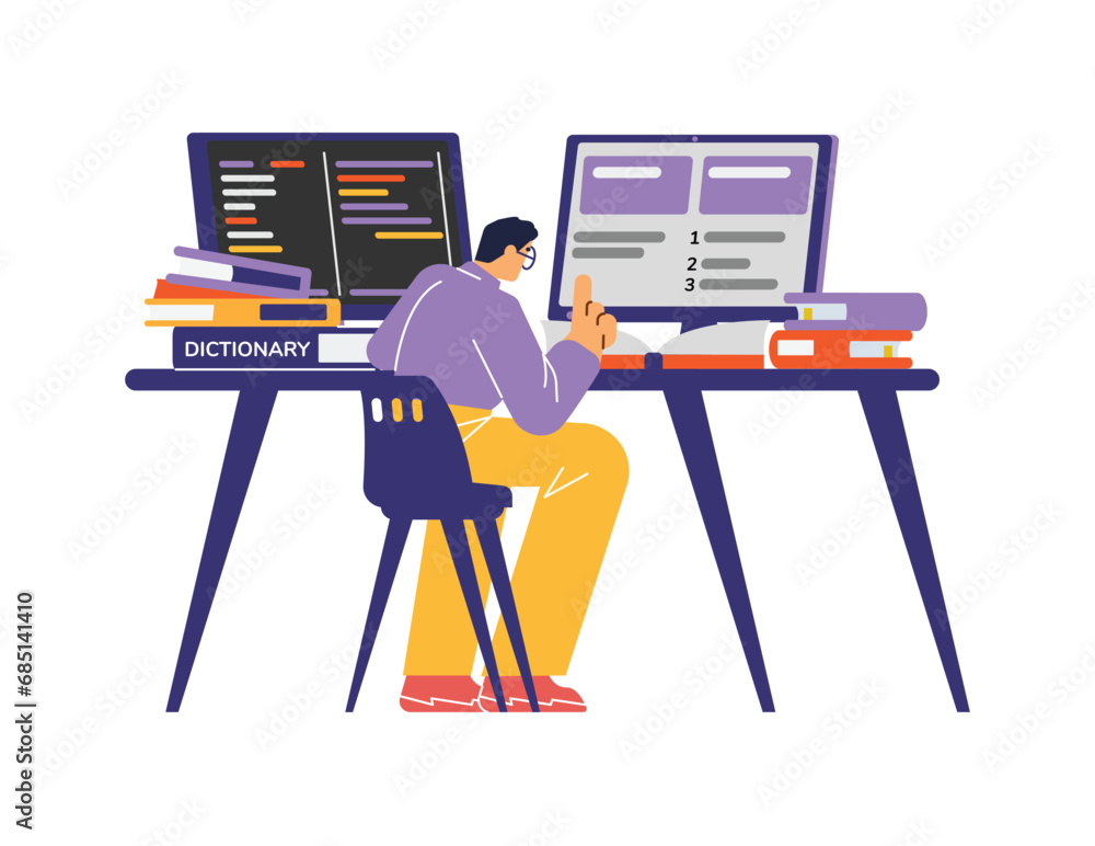 Φωτογραφία Translator and translation service, vector man linguist translates using compute
