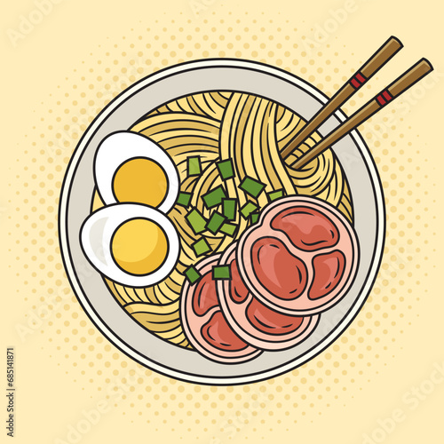 Ramen japanese noodle soup pinup pop art retro hand drawn vector illustration. Comic book style imitation.
