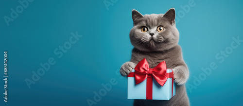Portrait of a cat dressed as a human holding a gift box isolated on flat blue background with copy space. Pet store promotion banner template, gifts for your pet.