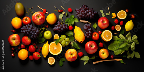 Various fruits Healthy food concept from top view Including fruits with high vitamins, fresh fruits such as oranges, apples, grapes, kiwis, etc., with space on a black background.