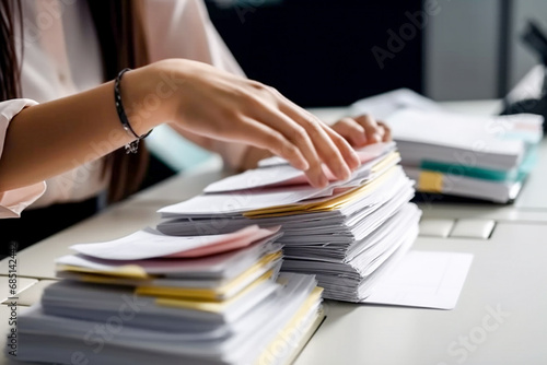 Businesswoman working with stacks of paper files to search and check unfinished documents. Accountant. photo