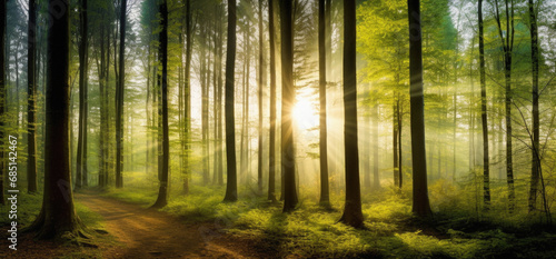 Panoramic view of the sun shining through the trees in the forest