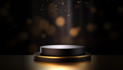 Black, dark and gold luxury empty podium background with presentation product stand cosmetic display on pedestal and premium modern round showcase on elegant mockup, illuminated by spotlights
