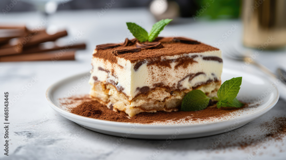 Square slice of delicious cinnamon tiramisu cake with delicious cream and mint leaves on the table. Photo for restaurant menu. Close-up of the exquisite dessert. Square slice of delicious cinnamon tiramisu cake with delicious cream and mint leaves on the table. Photo for restaurant menu. Close-up of the exquisite dessert.