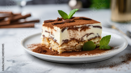 Square slice of delicious cinnamon tiramisu cake with delicious cream and mint leaves on the table. Photo for restaurant menu. Close-up of the exquisite dessert.