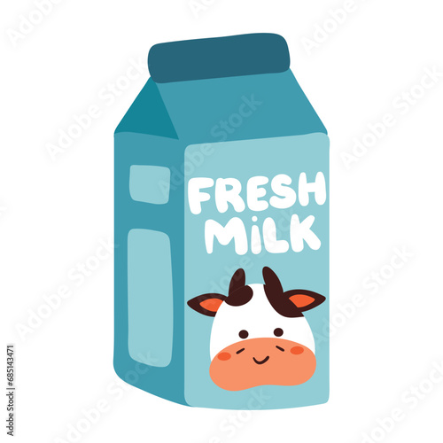 hand drawing cartoon fresh milk carton. cute beverage sticker