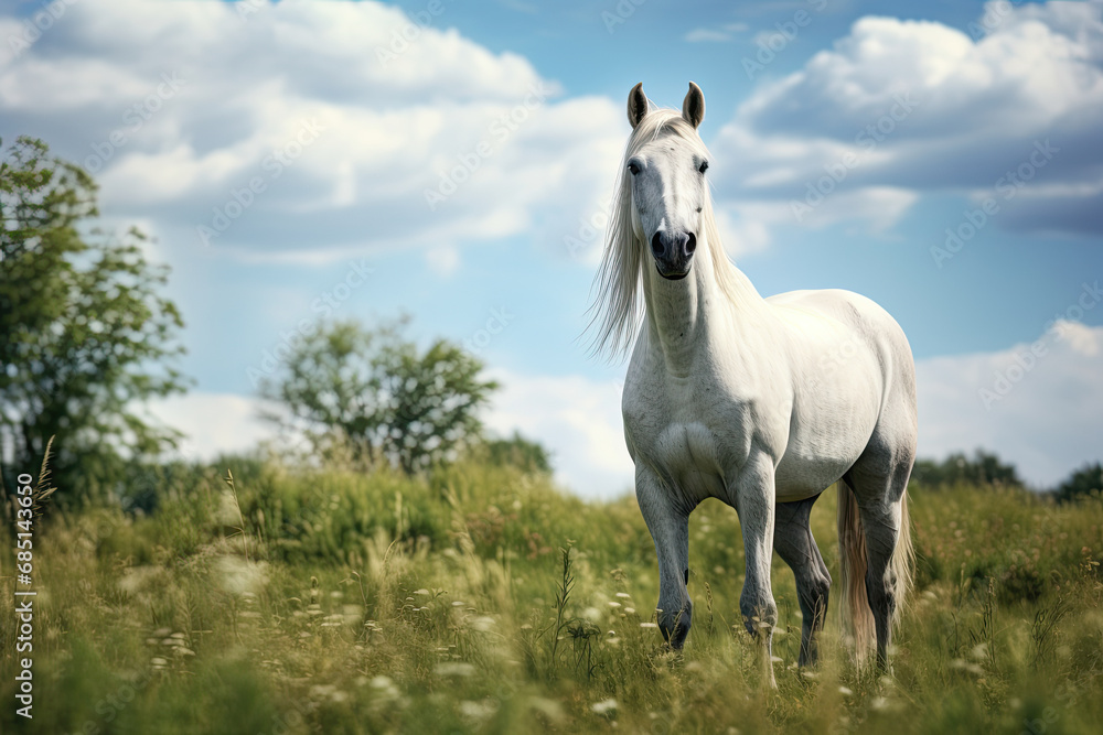 Obraz premium a white horse standing through a green pasture