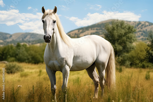 a white horse standing through a green pasture